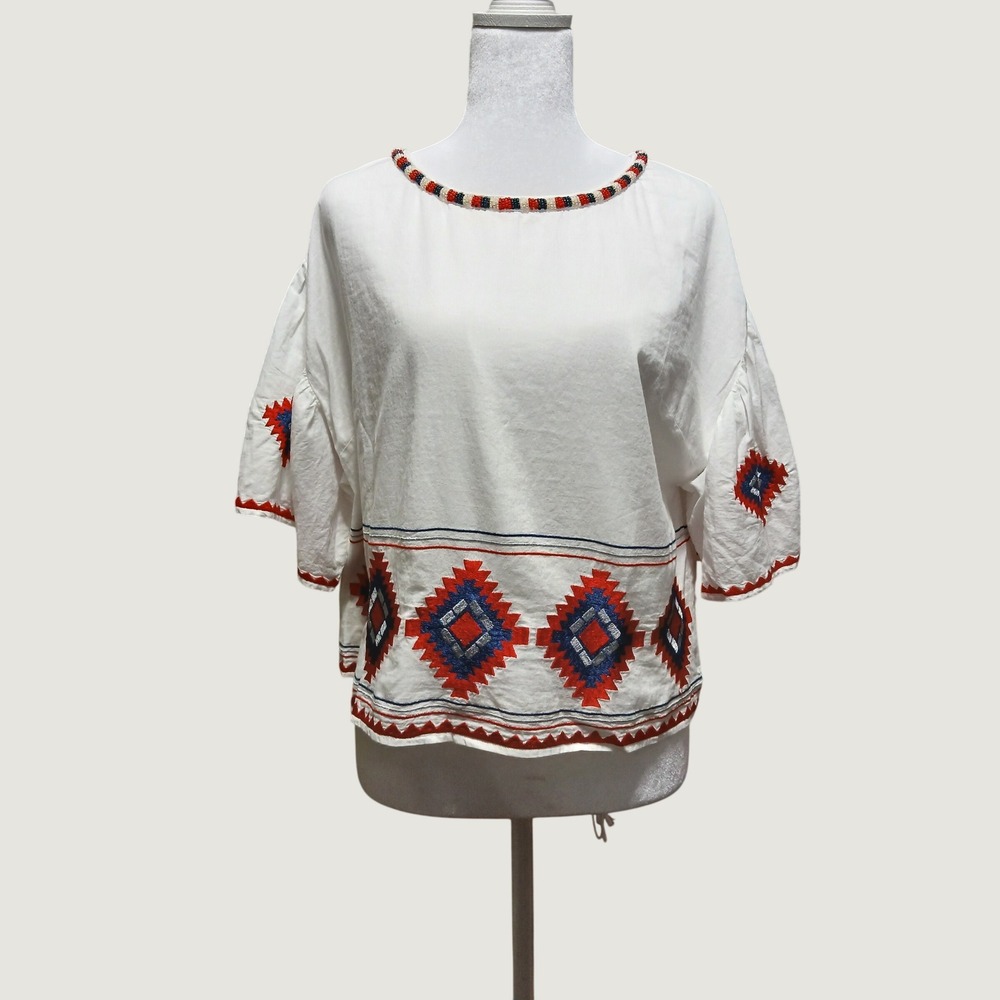 Tularosa Womens White Embroidered Beaded Neckline Flutter Sleeve Blouse Size M